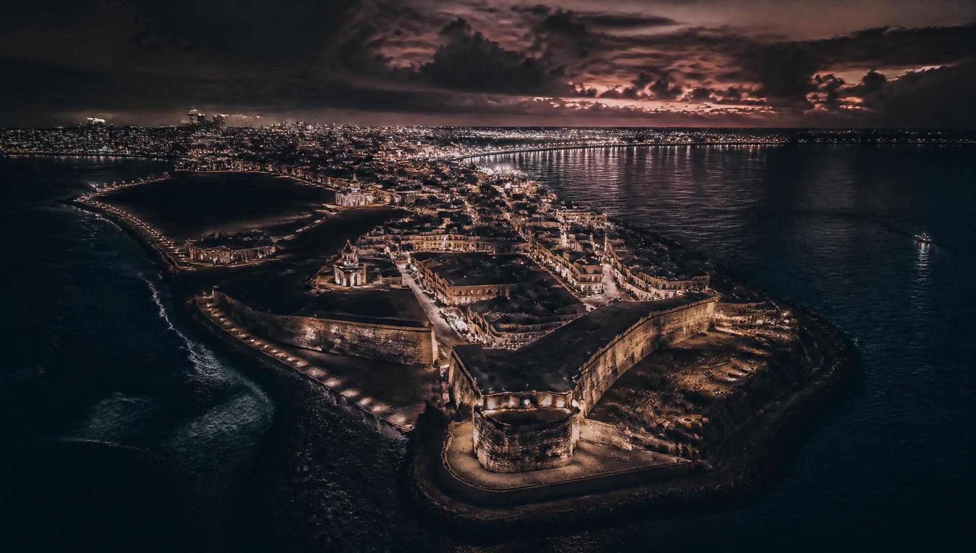 Aerial night view of the Puerto Rico coastline